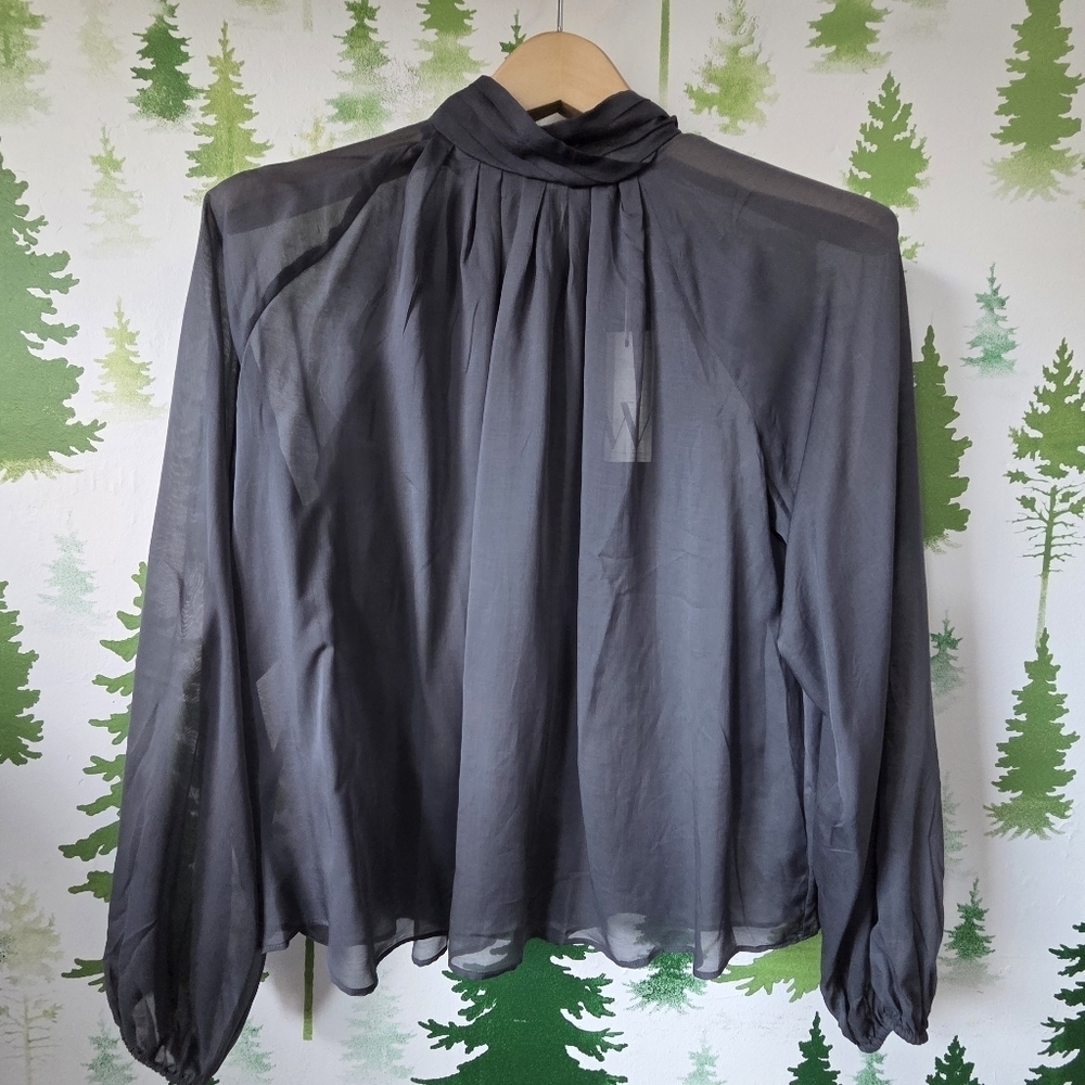 Worthington Sheer Gray Ruffled Long Sleeve Mock Neck Blouse